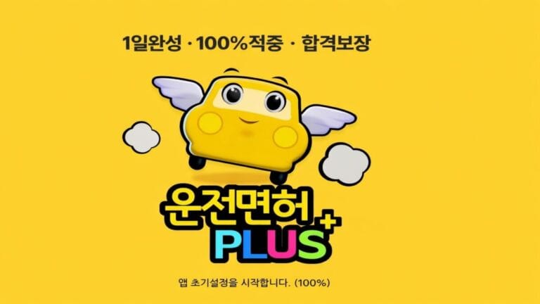 A bright yellow thumbnail graphic featuring the "Driving License PLUS" app mascot—a cute yellow car with wings—along with Korean text that translates to "100% Pass Guarantee."