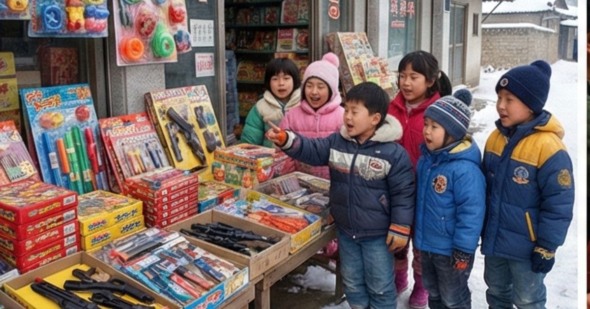 Korean children looking at toys and firecrackers displayed outside a local countryside supermarket