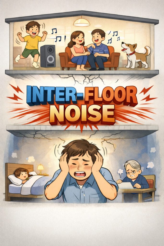 A cartoon illustration depicting the problem of inter-floor noise in an apartment, showing a noisy family upstairs and a distressed man covering his ears downstairs.