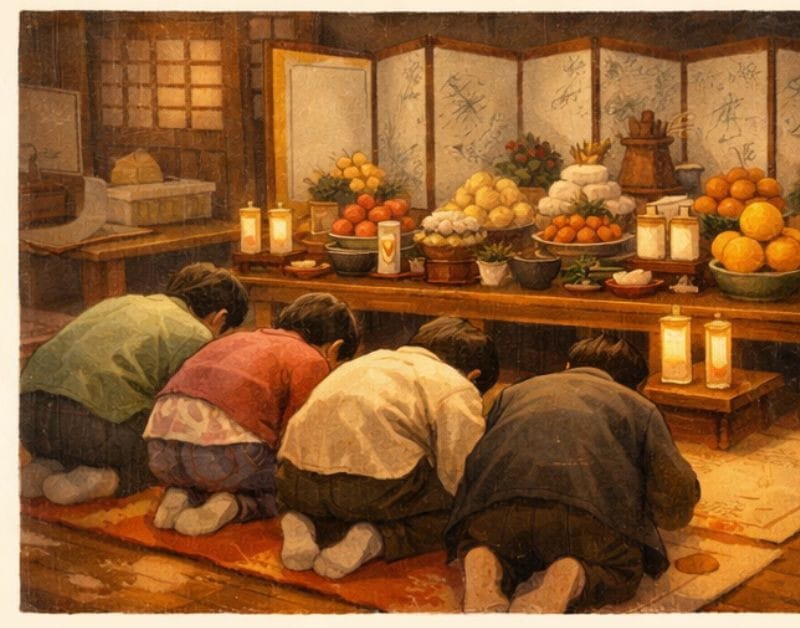 Children performing deep bows on a mat in front of an ancestral rite table.
