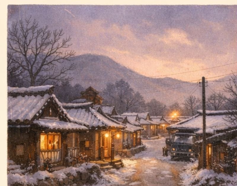 A snow-covered traditional Korean countryside village at dusk