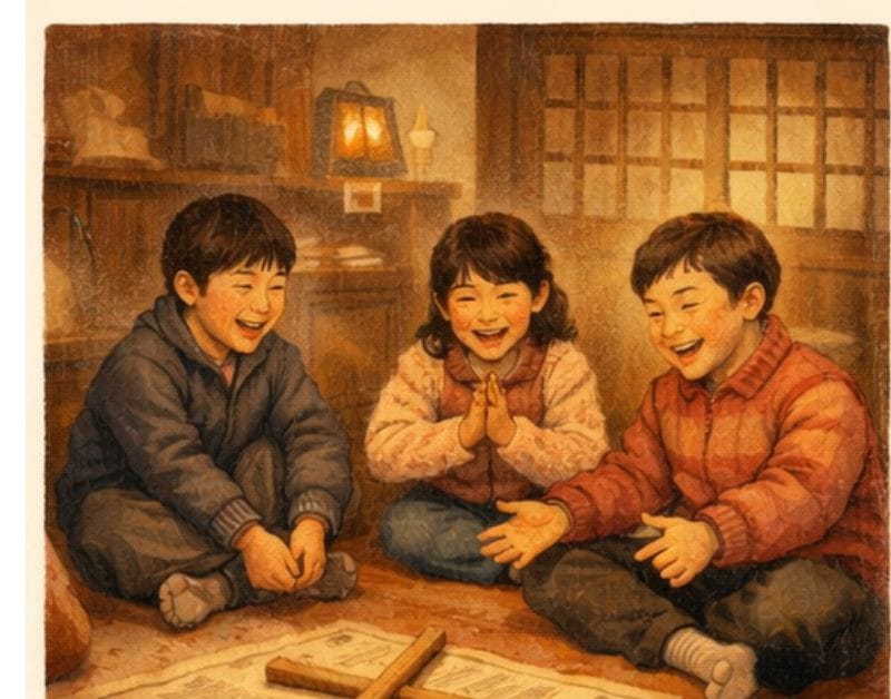 Three children playing the traditional Yunnori board game during the Korean Lunar New Year