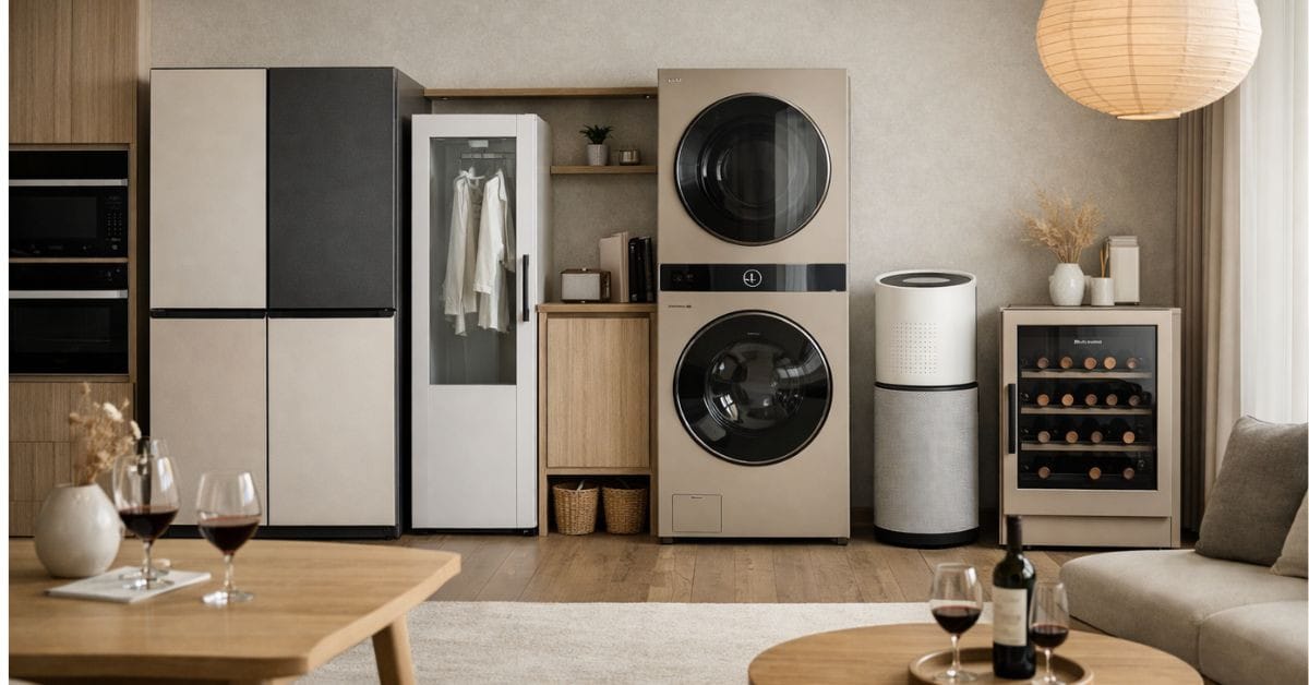 Modern living room featuring LG Objet Collection WashTower, Fridge, and Styler in beige.