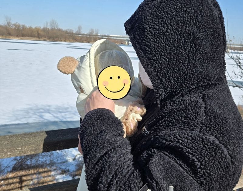 방한 커버를 씌운 유모차 속 아기와 겨울 공원 산책