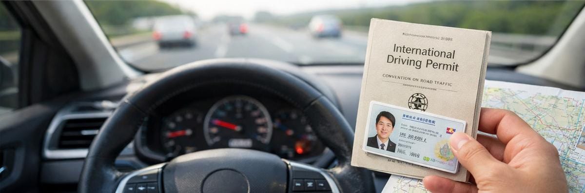 車のハンドル越しに、開かれた紙の冊子(国際運転免許証)とプラスチックのカード(運転免許証)を持っている人の手元
