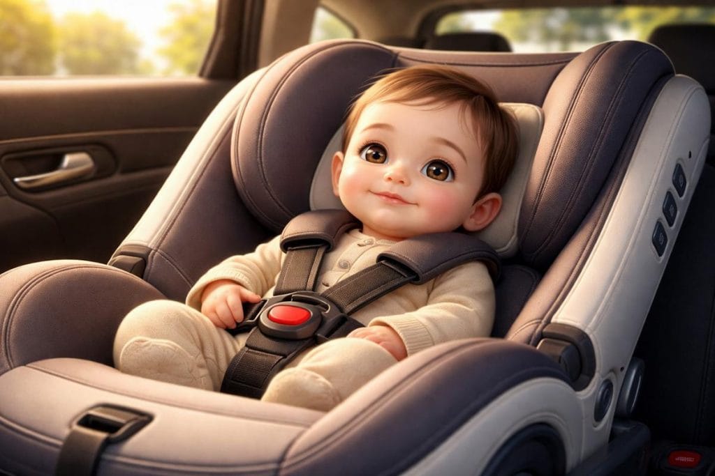 A happy baby smiling brightly while sitting securely strapped into a dark car seat.