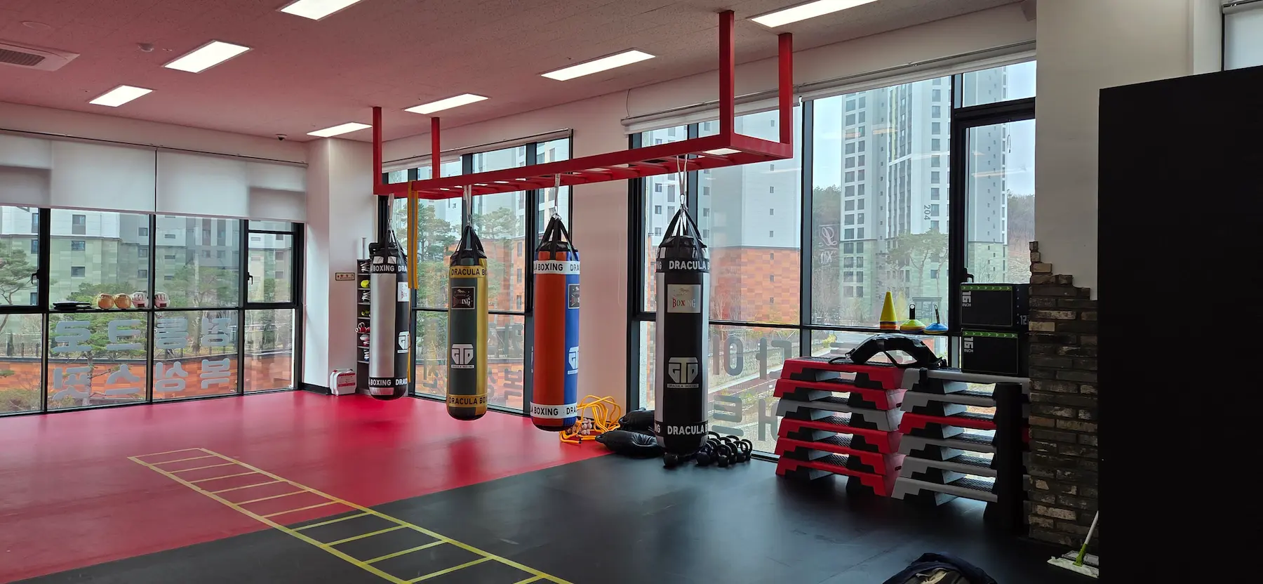 Spacious interior of L Boxing gym in Bongdam showing hanging heavy bags, red and black mats, an agility ladder, and functional fitness equipment by large windows.