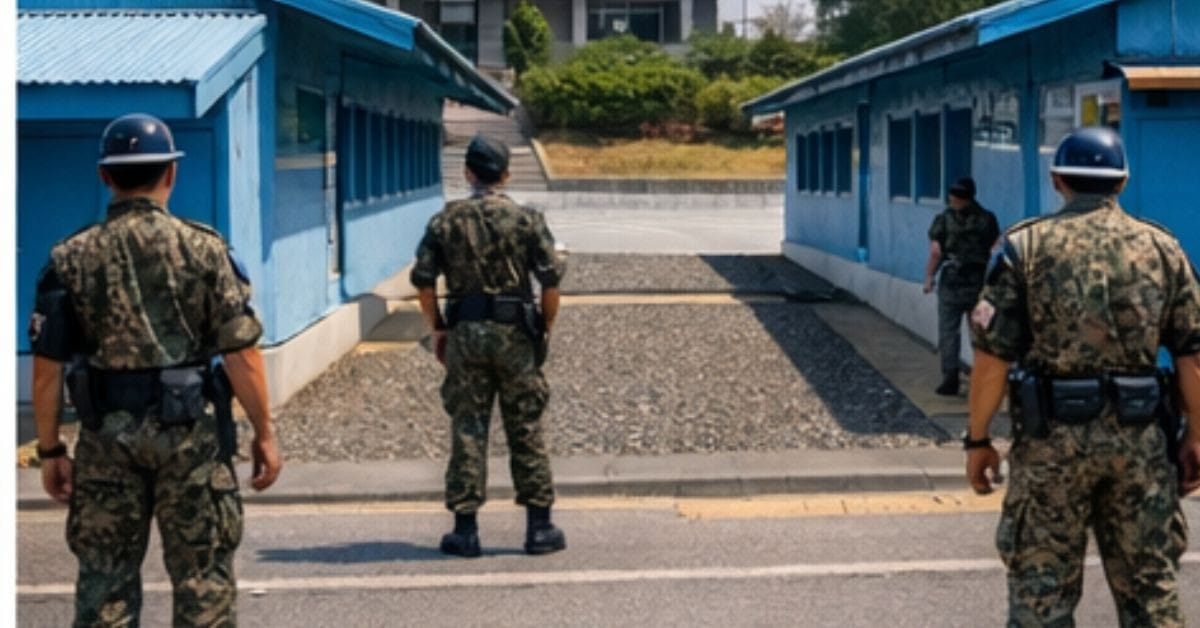 Two soldiers in dark green uniforms and helmets standing guard near bright blue buildings.