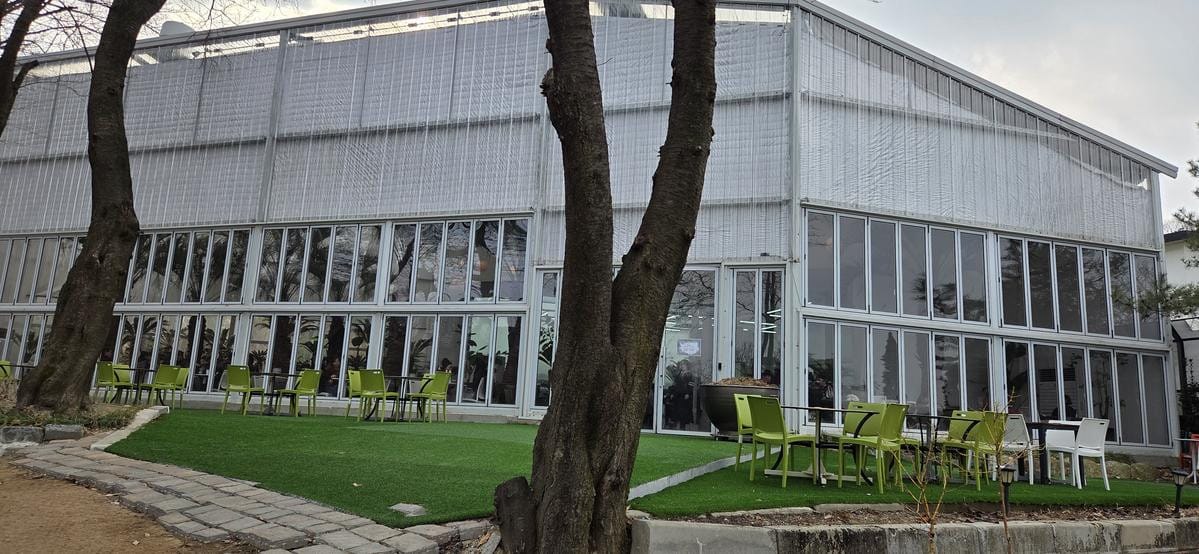 吊り下げられた植物、大きなガラス窓、木製のテーブルと椅子、タイル張りの床がある室内の温室空間。