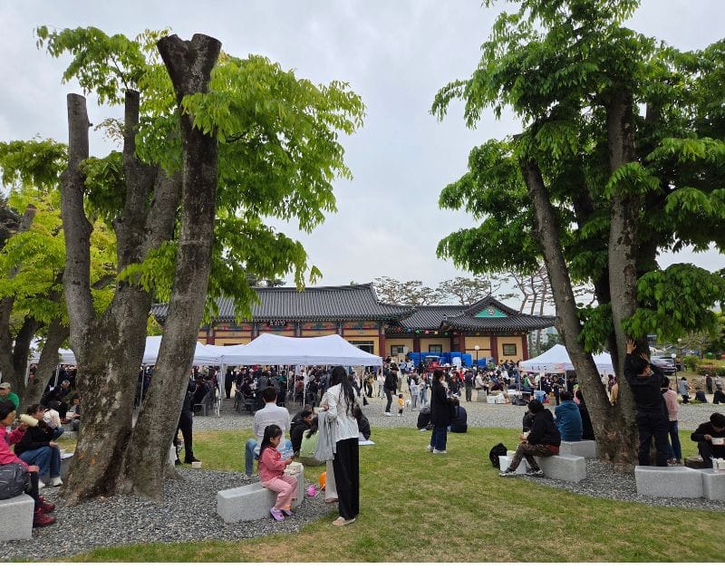 Crowds eating temple food on the grass