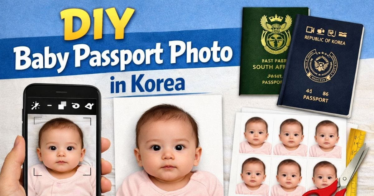 A graphic showing a smartphone taking a baby's photo, scissors, printed photos, and dual Korean and South African passports.