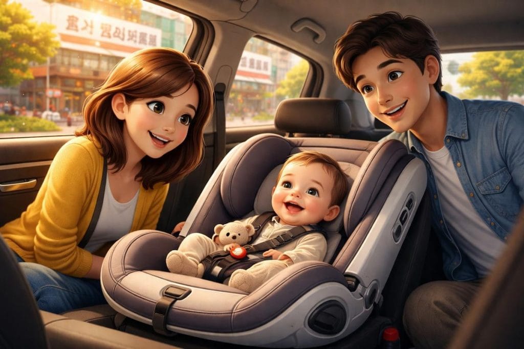 A smiling mother and father in the front seats looking back at a car seat.