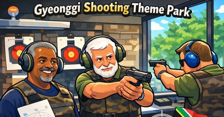 An illustration of foreign guests from South Africa enjoying pistol shooting at Gyeonggi Shooting Theme Park.