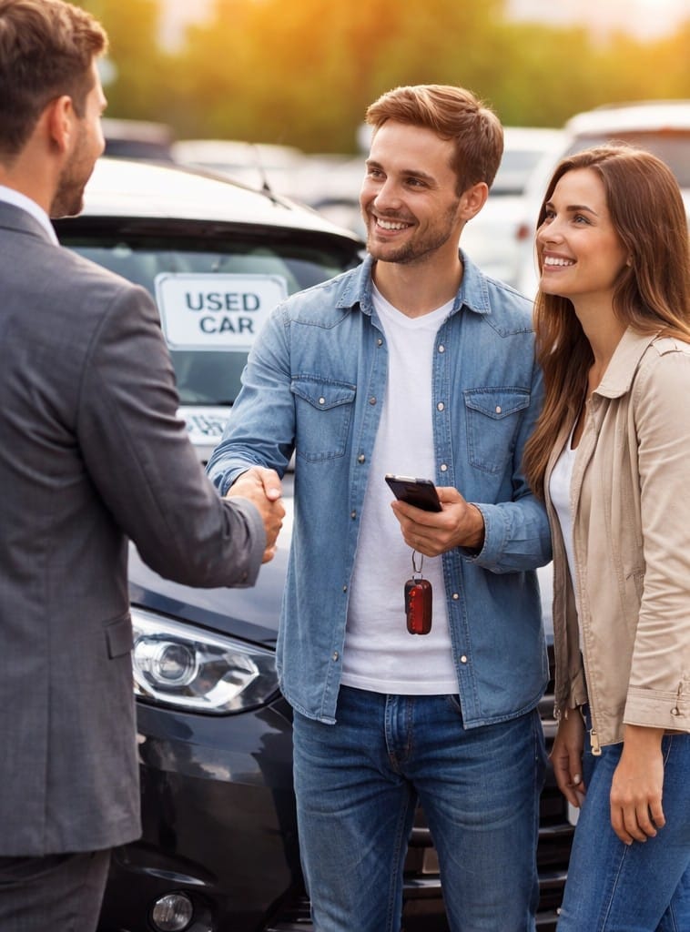 Two people shaking hands indoors or outdoors, with blurred background elements visible.