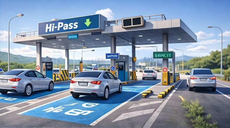 青い頭上構造物とハイパス用の青い車線表示がある高速道路の料金所。