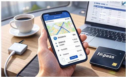 A hand holding a smartphone showing a Hi-Pass mobile application screen with transaction history.