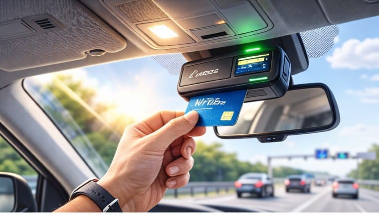 A Hi-Pass card being inserted into a built-in terminal slot behind a car's rearview mirror.
