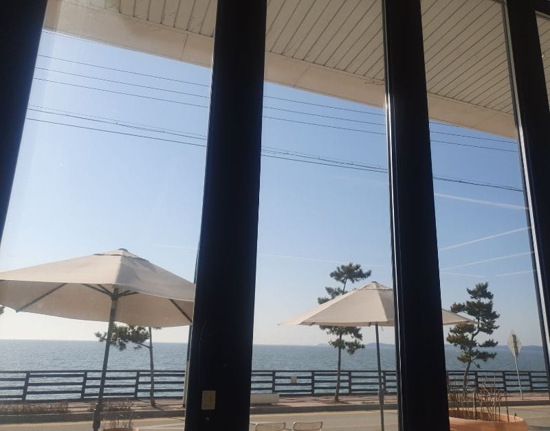 A relaxing view of the ocean and outdoor parasols through the large glass windows of a cafe on Jebudo.