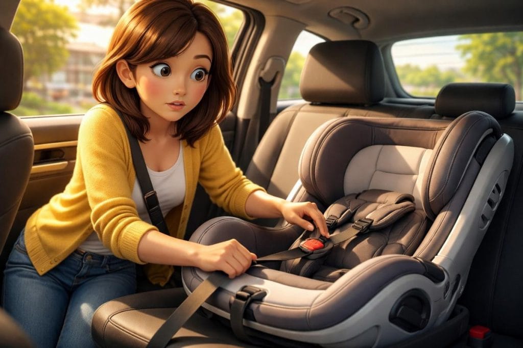 A woman looking confused while adjusting the straps and buckles of an infant car seat.