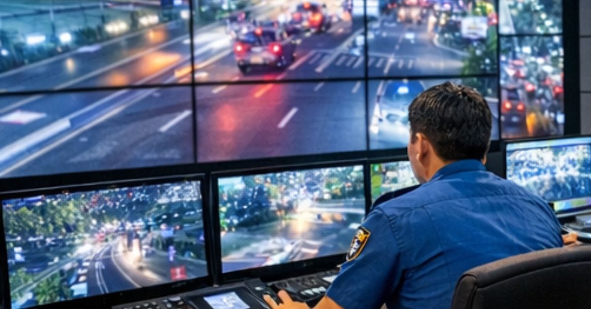 Multiple large flat-screen wall monitors displaying various tiled security camera video feeds simultaneously.