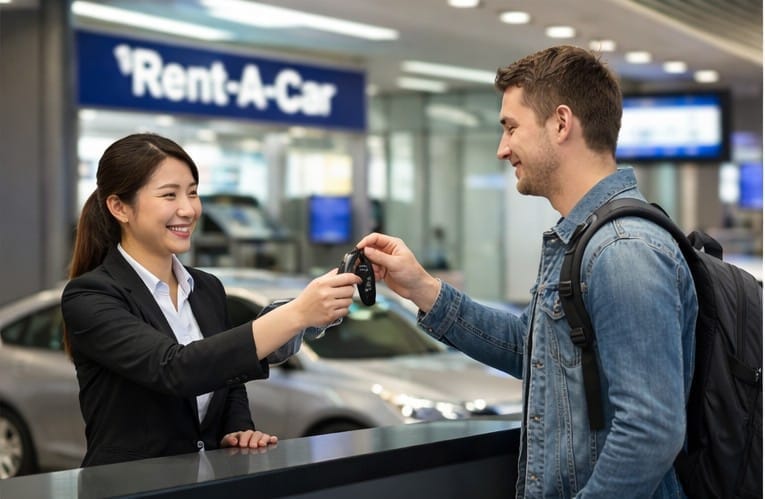 Two people exchanging a modern car key fob with a black tag over a desk.