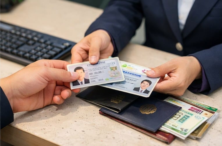 A hand passing a plastic identification card and a folded document across a wooden table.