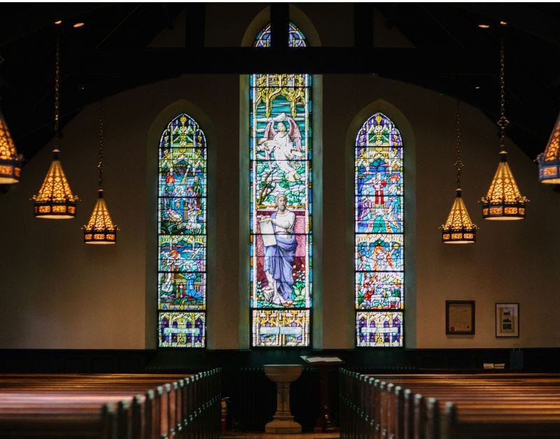 Classic stained glass windows inside a church