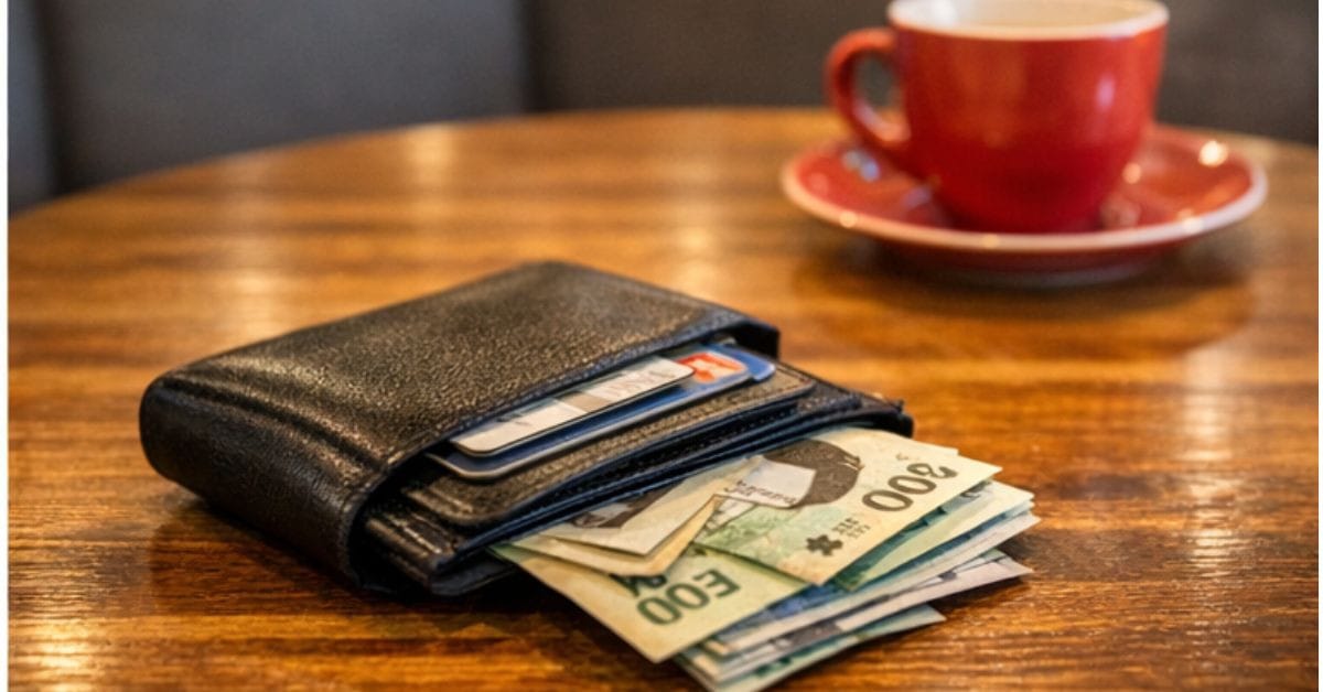 中に折りたまれた紙幣が見える、開かれた茶色の革財布を持つ両手。