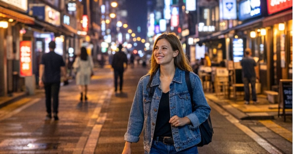 薄暗くライトアップされた暗い都市の夜道を歩く、グレーのバックパックを背負った人。