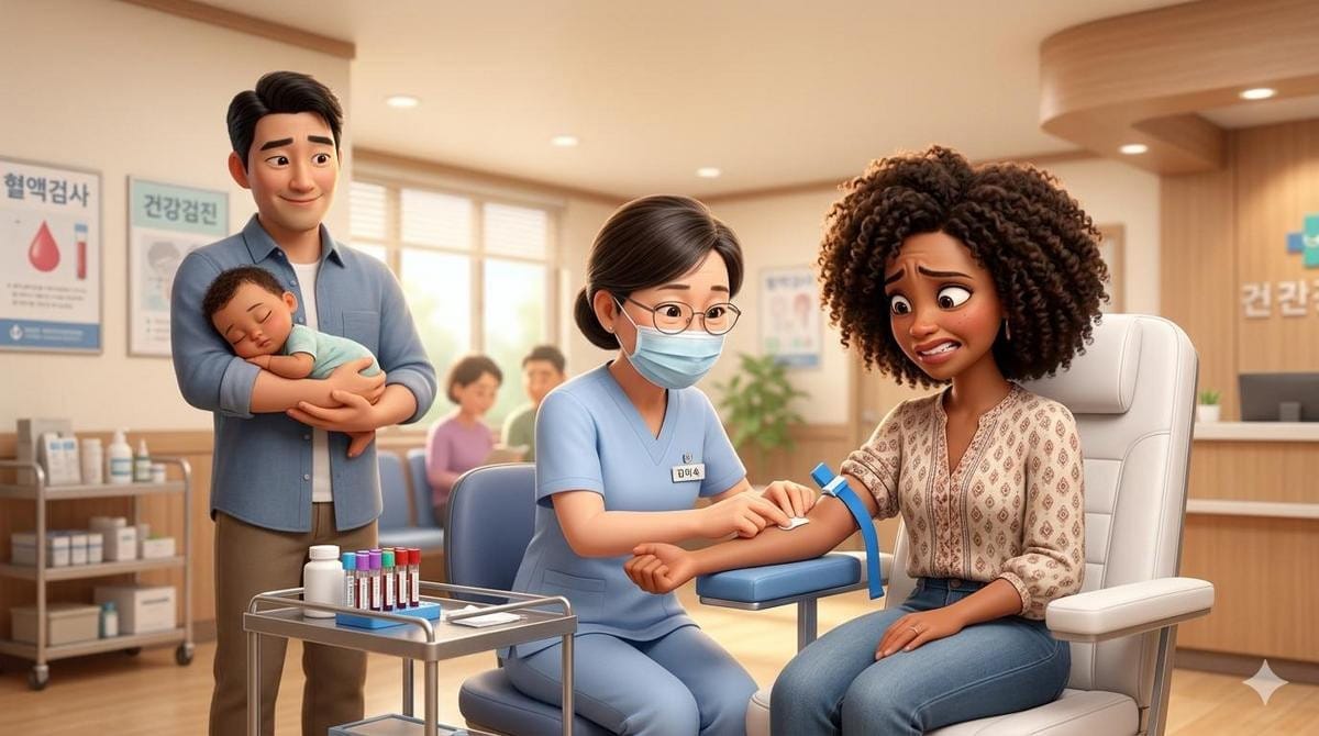 A woman winces and looks away while a medical professional draws blood from her arm.