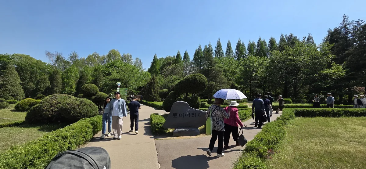 Families walking on a paved, stroller-friendly path surrounded by trees at Mulhyanggi Arboretum Osan with their babies.