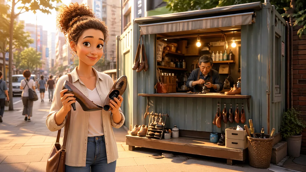 Broken brown dress shoes on a Korean street waiting for korea street shoe repair