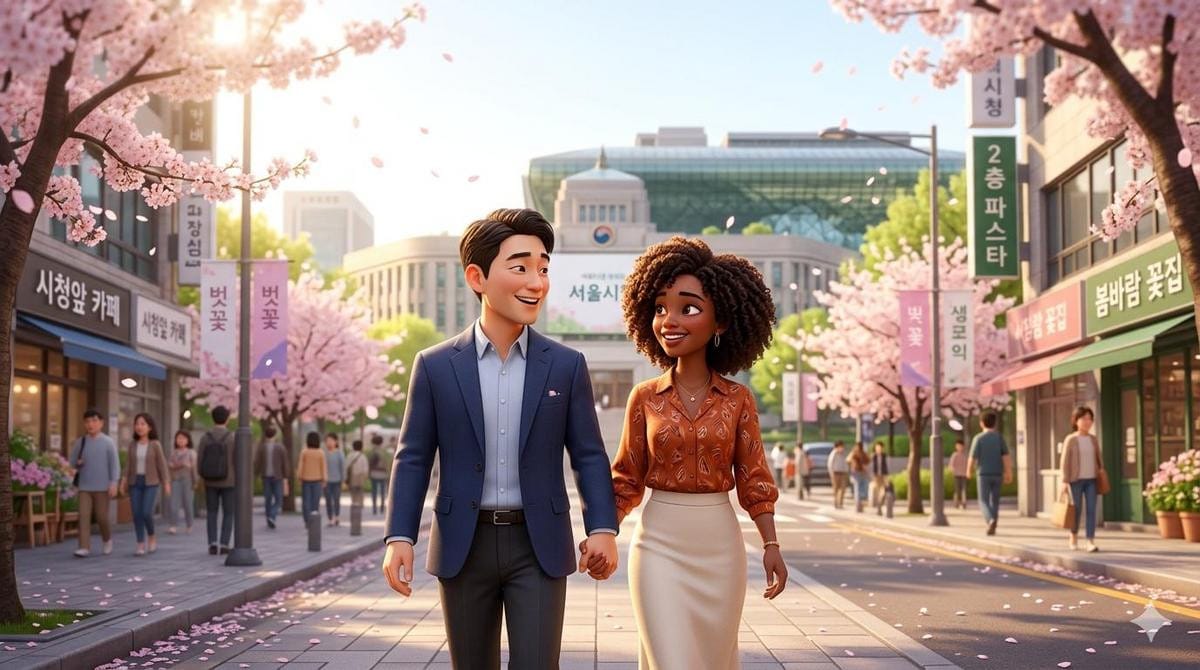 A man and woman walk together down a paved street lined with blooming pink cherry blossom trees.