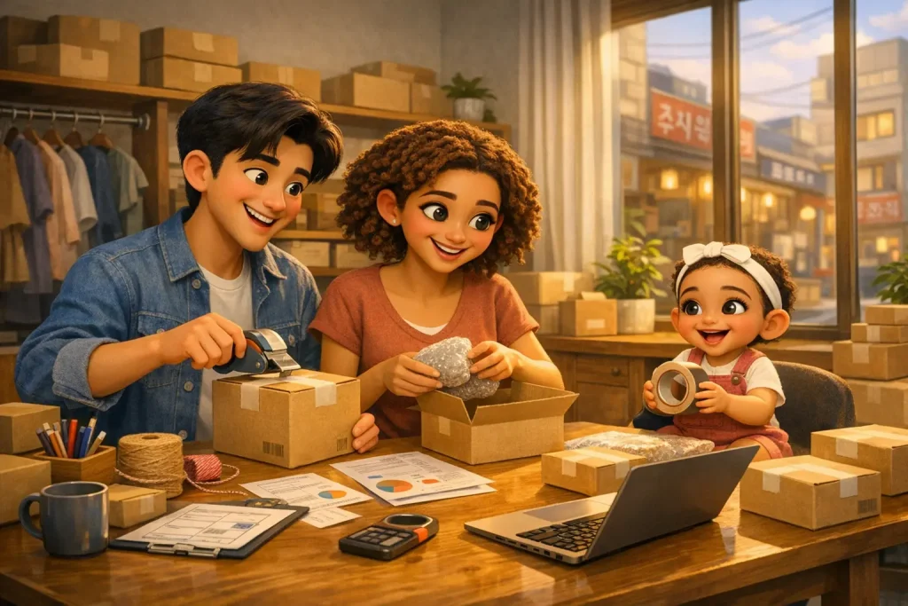 A family packs online orders, utilizing the digital transition grants from the Seoul Small Business Support system.