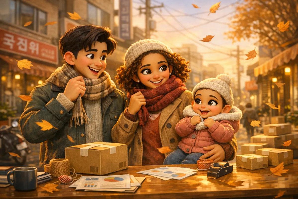 An expat family walking through a breezy autumn street in Korea, experiencing Korea spring fatigue during hwanjeolgi.