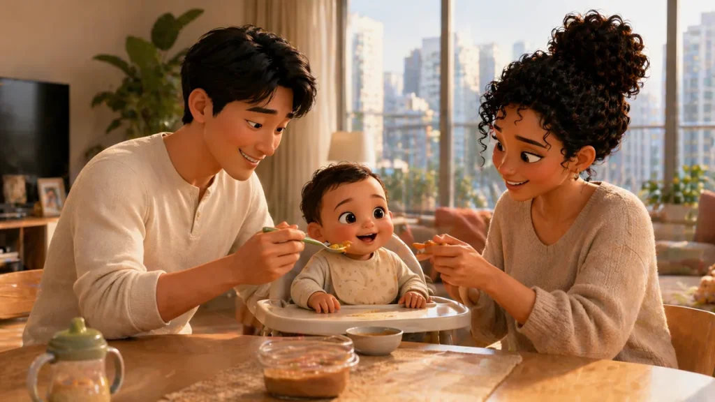 手作り牛肉離乳食を食べる赤ちゃん