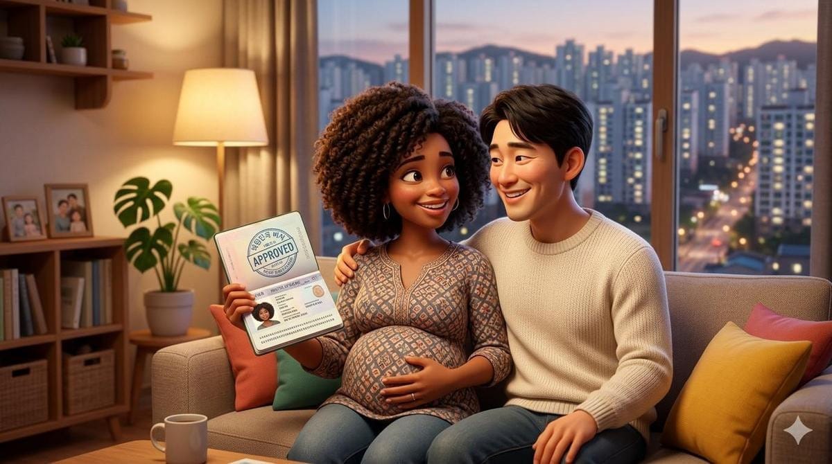 비자 서류를 함께 보며 미소 짓는 임산부와 남편.
