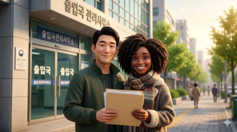 水原出入国・外国人庁の建物の前に一緒に立つ男女。