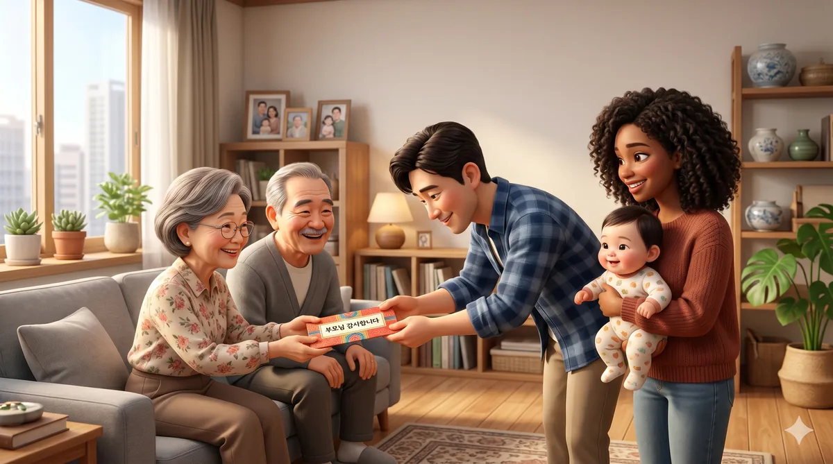 韓国の5月の家庭の月に、両親の日のプレゼントとして「お小遣い(ヨンドン)」を渡す多文化家族。