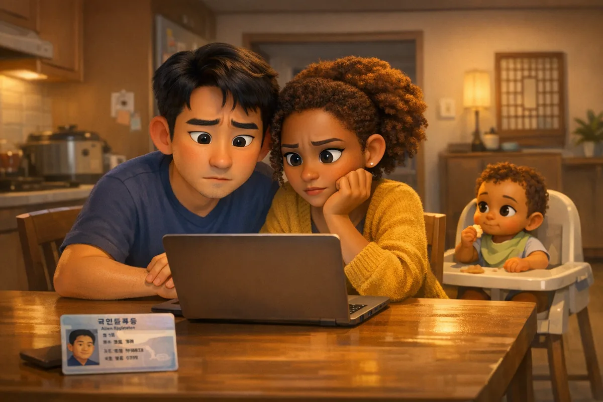 A multicultural expat family in Korea sitting at a laptop looking stressed while trying to check their korea health insurance payment confirmation foreigner status using an ARC card.