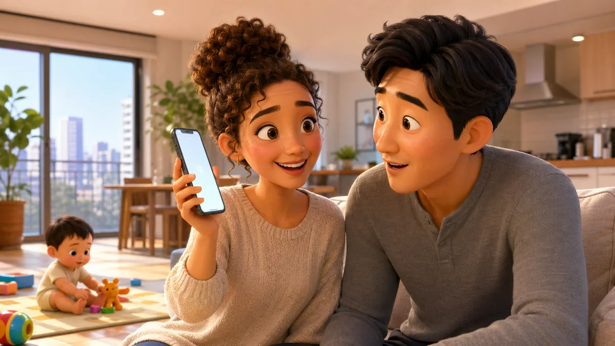 An expat mum happily holding up her smartphone after successfully accessing the The건강보험 app to get her korea health insurance payment confirmation foreigner document.