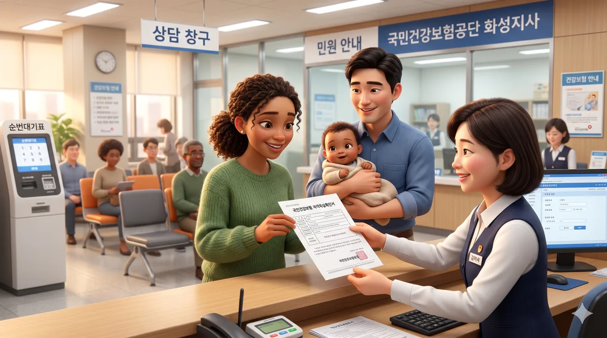 A multicultural expat family receiving a printed English korea health insurance payment confirmation foreigner document from a clerk at the NHIS Hwaseong branch.