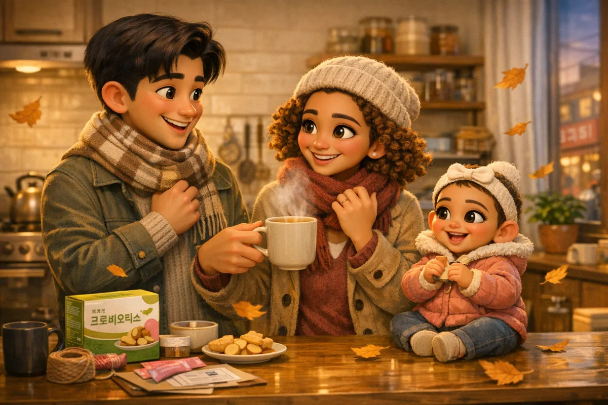 An expat family in a Korean kitchen boosting their immunity during hwanjeolgi with warm tea and probiotics.