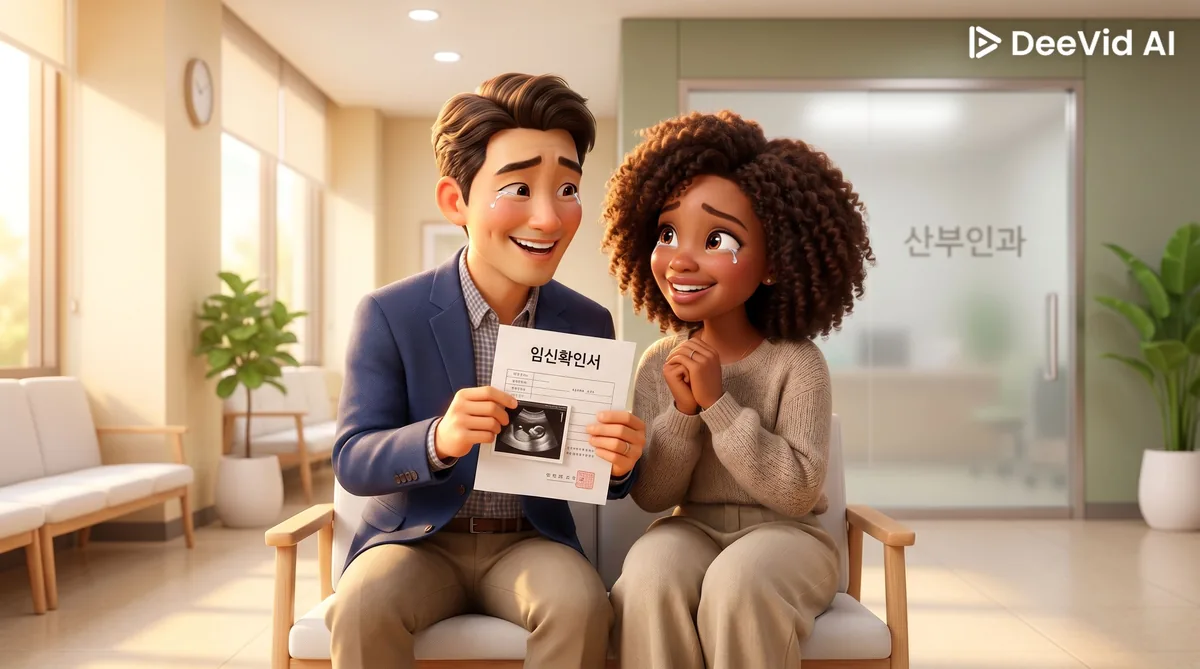산부인과에서 임산부 지원 신청을 위한 임신확인서를 받은 부부.