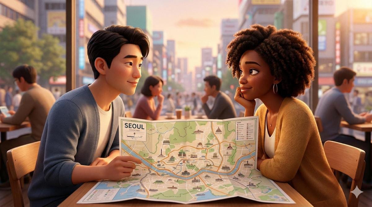 A man and woman sit across from each other at a table with an open map of South Korea spread out between them.