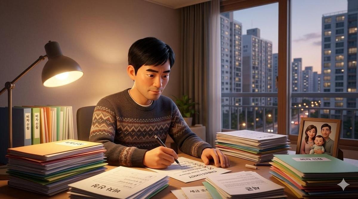 서류 더미에 둘러싸여 한국 아파트 책상에 앉아 있는 남자.