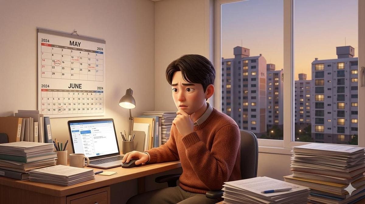 A man sits alone holding a pen to his chin while looking closely at a printed calendar.