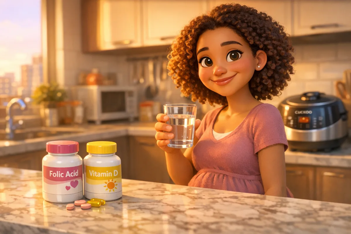 보건소임산부 지원으로 받은 엽산과 비타민을 챙겨 먹는 임산부.