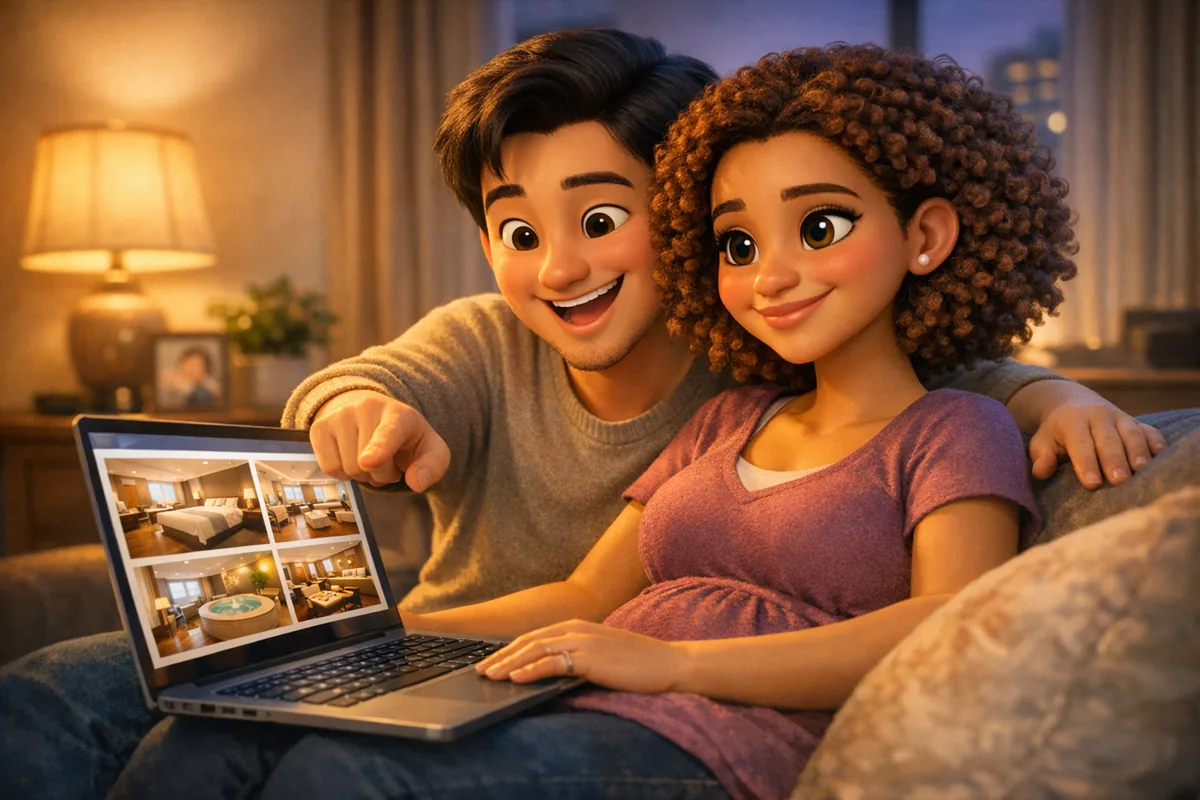 노트북으로 산후조리원을 비교하며 임산부 지원를 알아보는 부부.