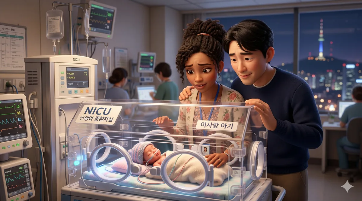 Premature baby in a Korean hospital NICU incubator